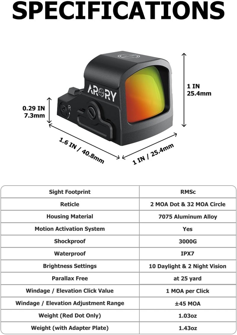 ARORY RMU1 Micro Red Dot Sight for RMSc Pistol Cut, Multi-Reticle 2 MOA Dot & 32 MOA Circle Reflex Sight, 7075 Aluminum Optic with Shake Awake Tech (Adapter Plate for Glock MOS Included) - Image 2